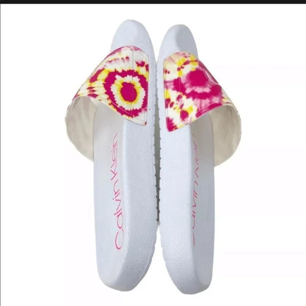 Calvin Klein‎ Tie Dye Logo Slide Sandals Womens 7 White Pink Pool Beach Summer